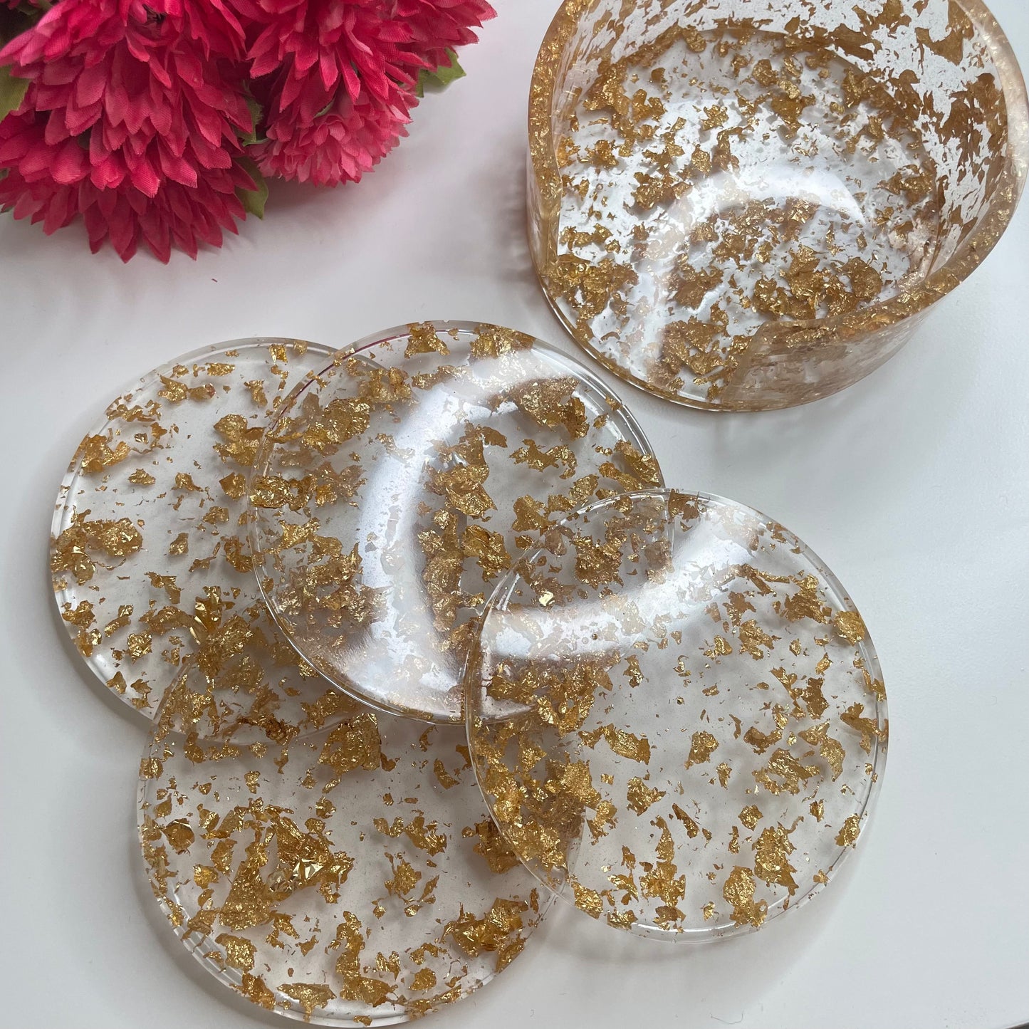 Dessous de verres avec rangement feuilles dorés
