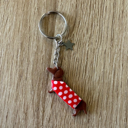 Porte clés teckel brillant pois rouge/blanc