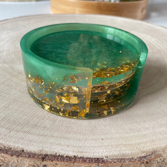 Dessous de verres avec rangement vert doré